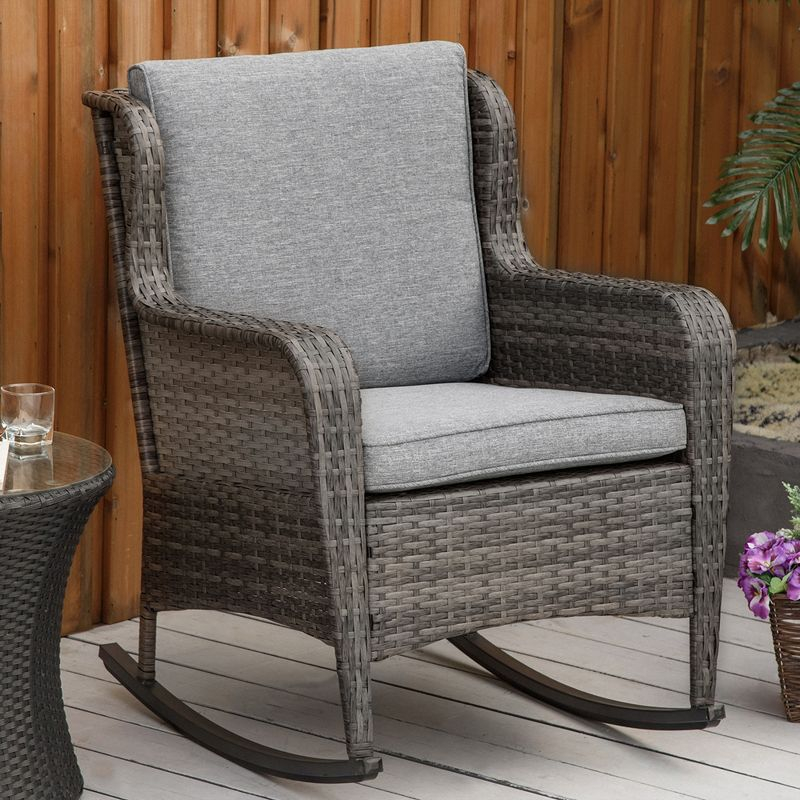 Outsunny Patio Wicker Rocking Chair, Outdoor PE Rattan Swing Chair w/ Soft Cushions for Garden, Patio, Lawn, Gray