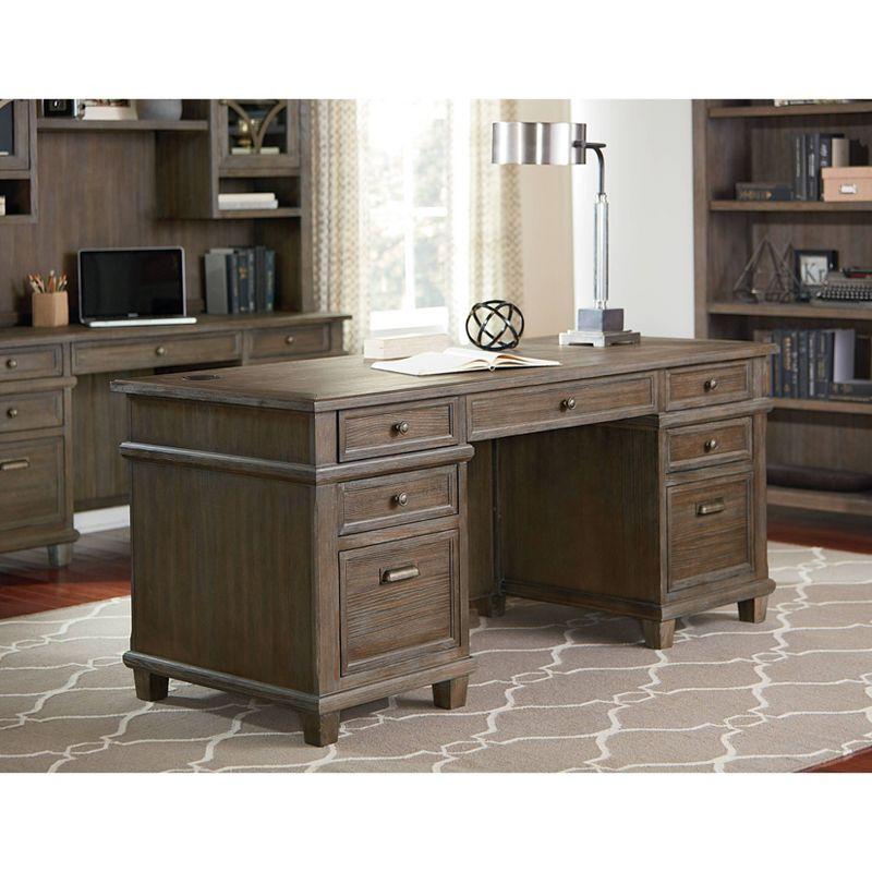 Carson Double Pedestal Desk Brown - Martin Furniture: Solid Wood, Veneers, No Assembly Required