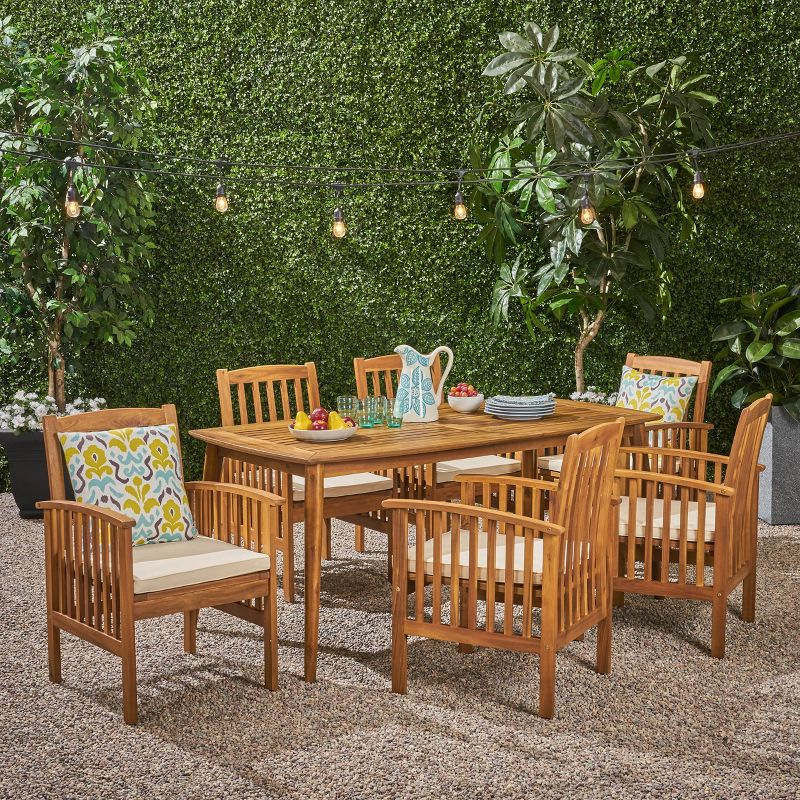 Christopher Knight Home Lepage Outdoor Acacia Wood 7 Piece Dining Set with Water Resistant Cushion, Cream/Brown