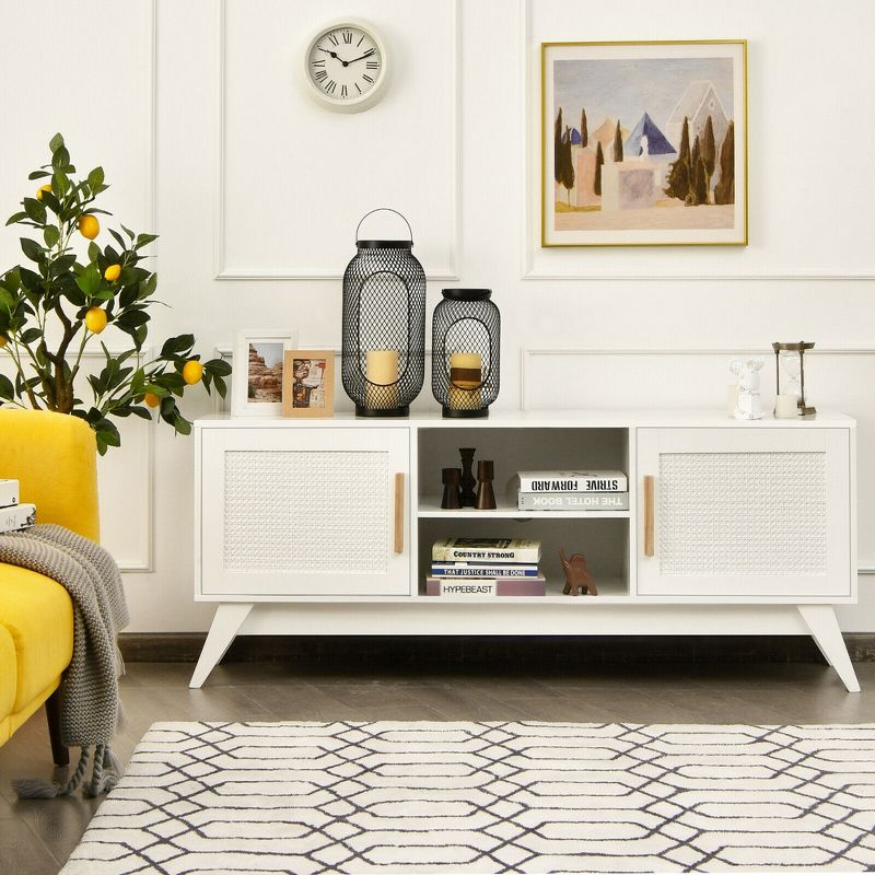 George Oliver TV Stand Entertainment Media Console with 2 Rattan Cabinets and Open Shelves