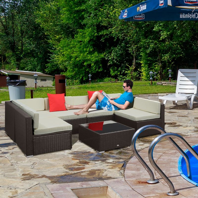 Outsunny 7 Piece Outdoor Patio Furniture Set, PE Rattan Wicker Sectional Sofa Set with Couch Cushions, Pillows, Coffee Table, Beige