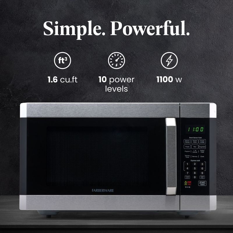 Farberware Professional 1.6 Cu. Ft. 1100-Watt Microwave Oven with Smart Sensor, Stainless Steel with Platinum