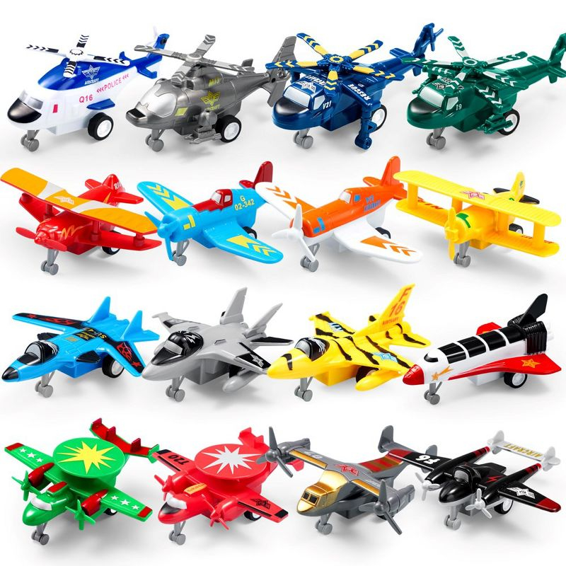 SYNCFUN 16 Pcs Pull Back Airplane Toys, Boys Plane Playset, Aircraft Incl Helicopter Toys, Fighter Jet Toys, Bomber Biplane Toy, Gifts for Toddler s