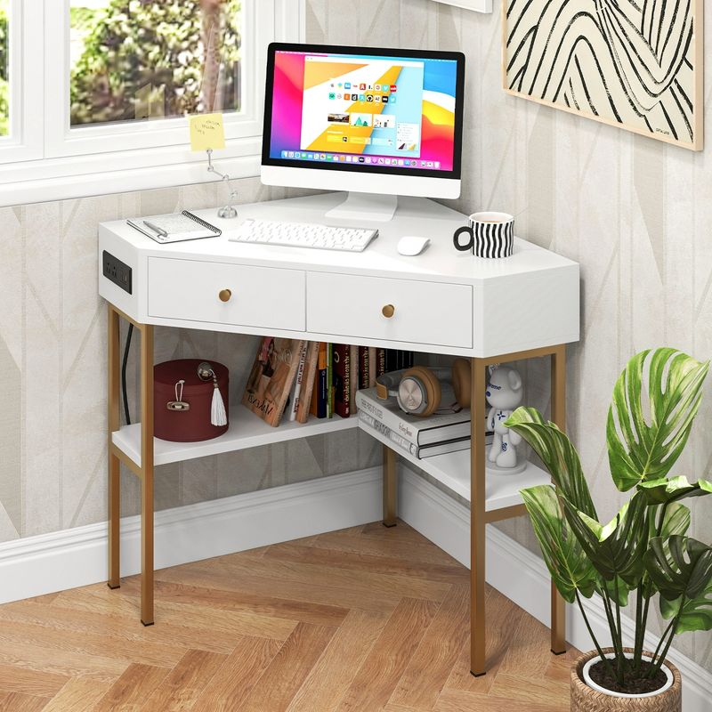 Costway Corner Desk with Built-in Charging Station Storage Drawers & Open Shelves Office White