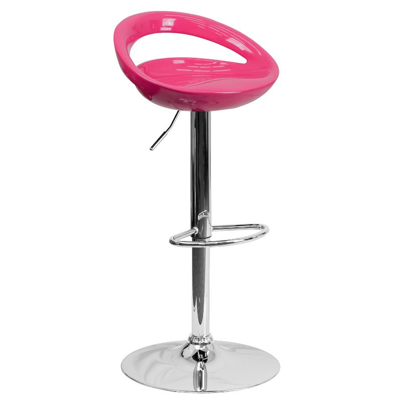 Flash Furniture Contemporary Pink Plastic Adjustable Height Barstool with Rounded Cutout Back and Chrome Base