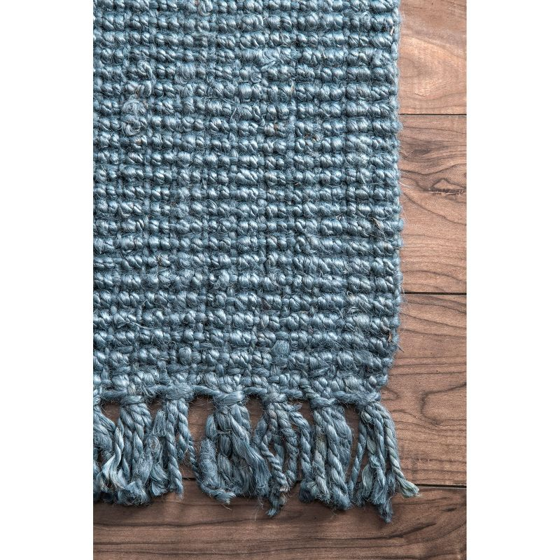 Nuloom 2x12 Daniela Jute Tassel Hand Woven Indoor Area Rug, Blue, Solid Chunky Farmhouse Design, Natural Fiber BedroomLiving Room