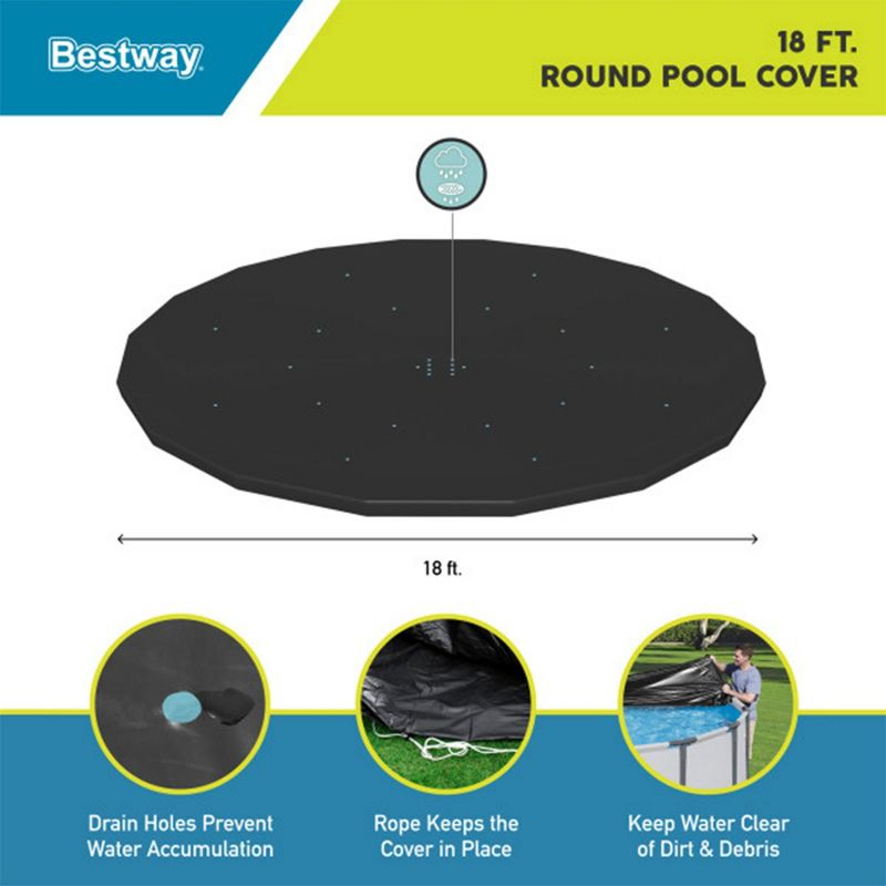 Bestway Flowclear PVC Round 18 Foot Pool Cover for Above Ground Frame Pools with Drain Holes and Secure Tie-Down Ropes, Black (Cover Only)