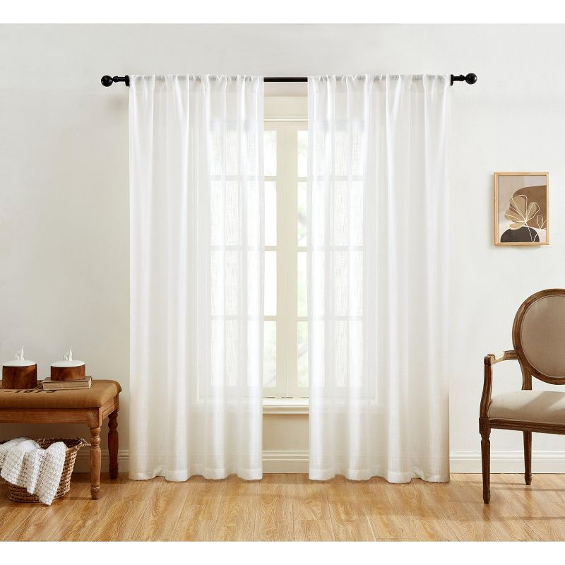 HLC.ME Linda Faux Linen Textured Semi Sheer Privacy Sun Light Filtering Window Rod Pocket Thick Curtains Panels, Set of 2 - White, 54 W x 54 L
