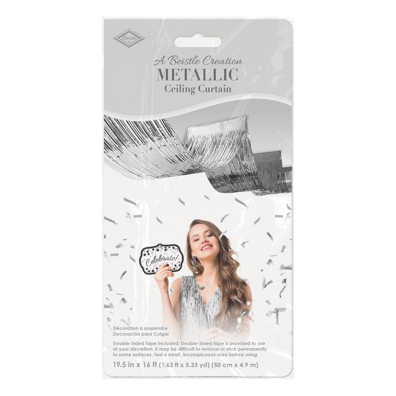 Beistle 1-Ply Metallic Fringe Ceiling Curtain, 19.5" x 16', (2/Pkg) Silver