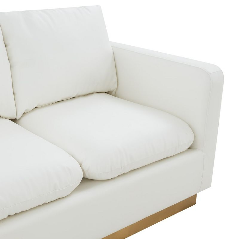 LeisureMod Nervo Mid-Century Modern Upholstered Faux Leather Loveseat with Gold Frame in White