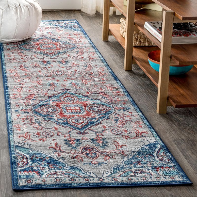 2'x8' Modern Persian Vintage Medallion Runner Rug, Red/Navy - JONATHAN Y