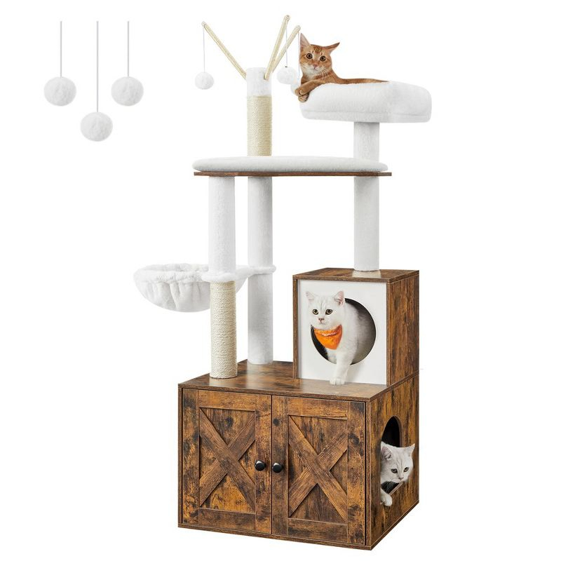 Feandrea WoodyWonders Cat Tree with Litter Box Enclosure, 2-in-1 Modern Tower, Furniture Hidden, Cat Condo with Scratching Posts, Rustic Brown