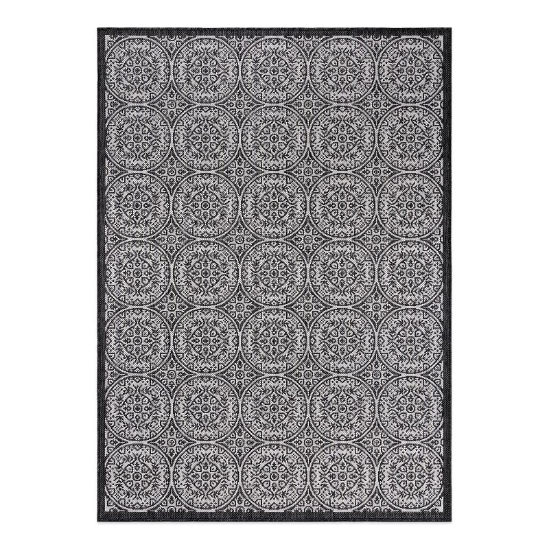 World Rug Gallery Transitional Floral Circles Textured Flat Weave Indoor/Outdoor Area Rug - BLACK 7'10"X10'