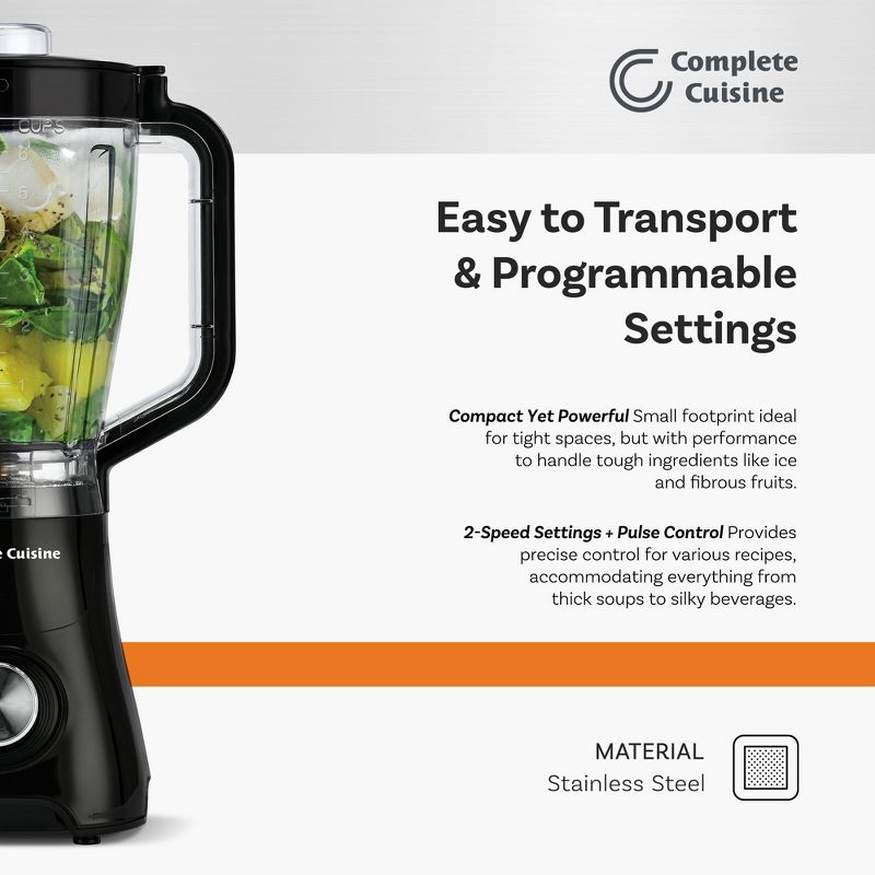 Complete Cuisine Kitchen Blender and Food Mixer, Electric Smoothie Maker with Stainless-Steel Blades, 2-Speed Control, 48 Oz, Black