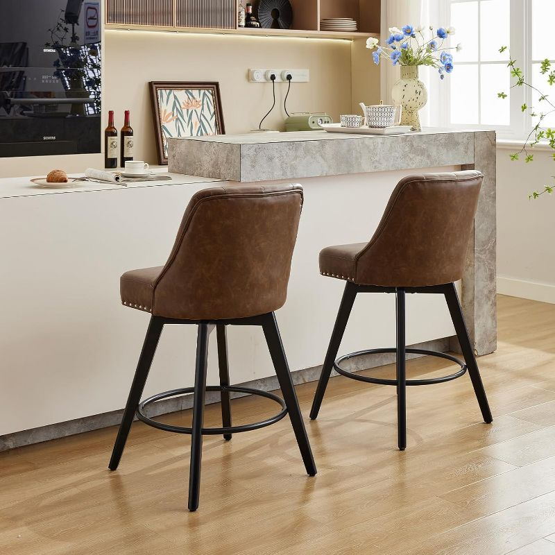 Counter Bar Stools Set of 2, Modern Swivel Bar Stools with Back and Wood Legs, 26" H Upholstered Bar Chair for Kitchen Island Home Bar, Leather Brown