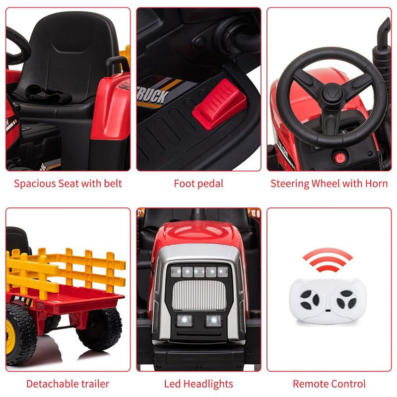 12V Kids Ride On Tractor with Trailer & Remote Control,Red, 35W