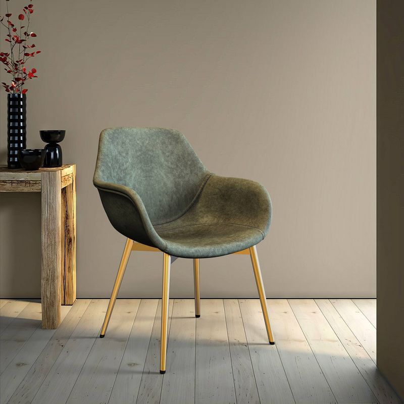 LeisureMod Markley Faux Leather Dining Chair with Arms and Gold Metal Legs, Olive Green