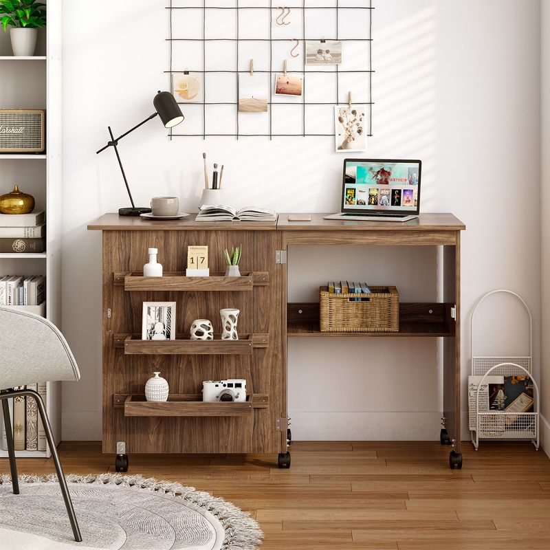Costway Folding Sewing Craft Table Shelf Storage Cabinet Home Furniture W/Wheels Brown