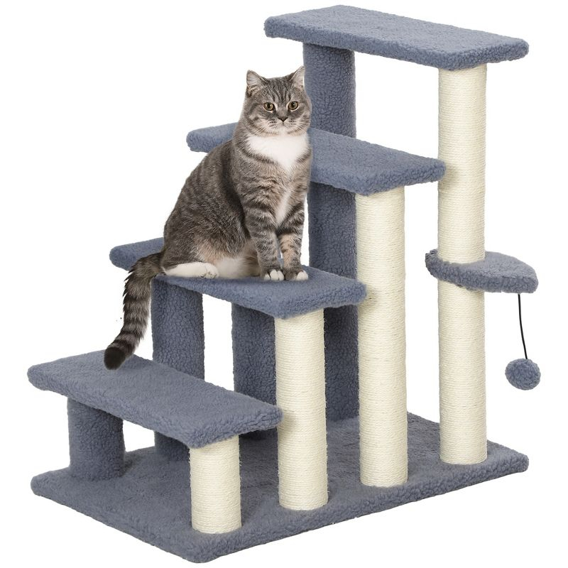 PawHut 4 Levels Cat Steps, Pet Stairs Carpeted Ladder, Kitten Tree Climber with Scratching Posts, Hanging Play Ball, Side Step, Gray