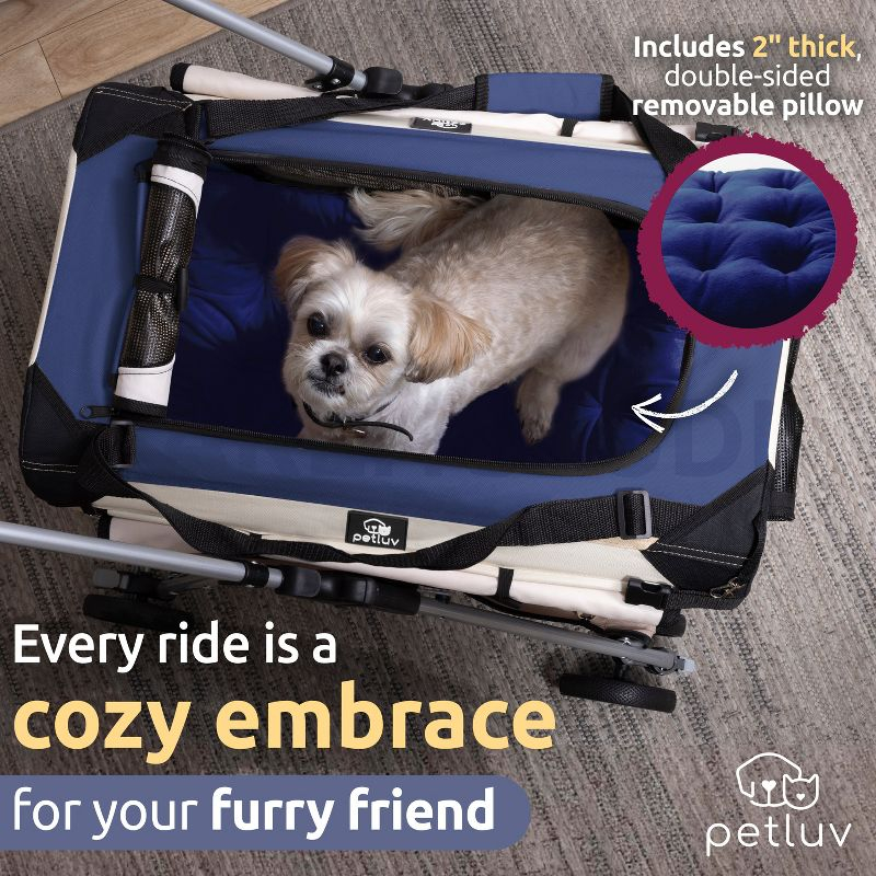 PetLuv Cat & Dog Stroller Foldable w/ Detachable Soft Pet Travel Carrier Fits 2 Cats or Medium Dog & Removable Plush Pillow Privacy Windows Tan