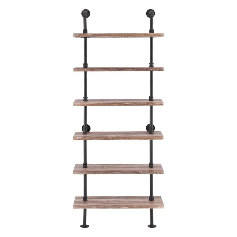 Modern Industrial 6-Tier Iron Pipe wall Mount Ladder Shelf Distressed Wood - Danya B.: Floating, Open Design, Laminated Surface
