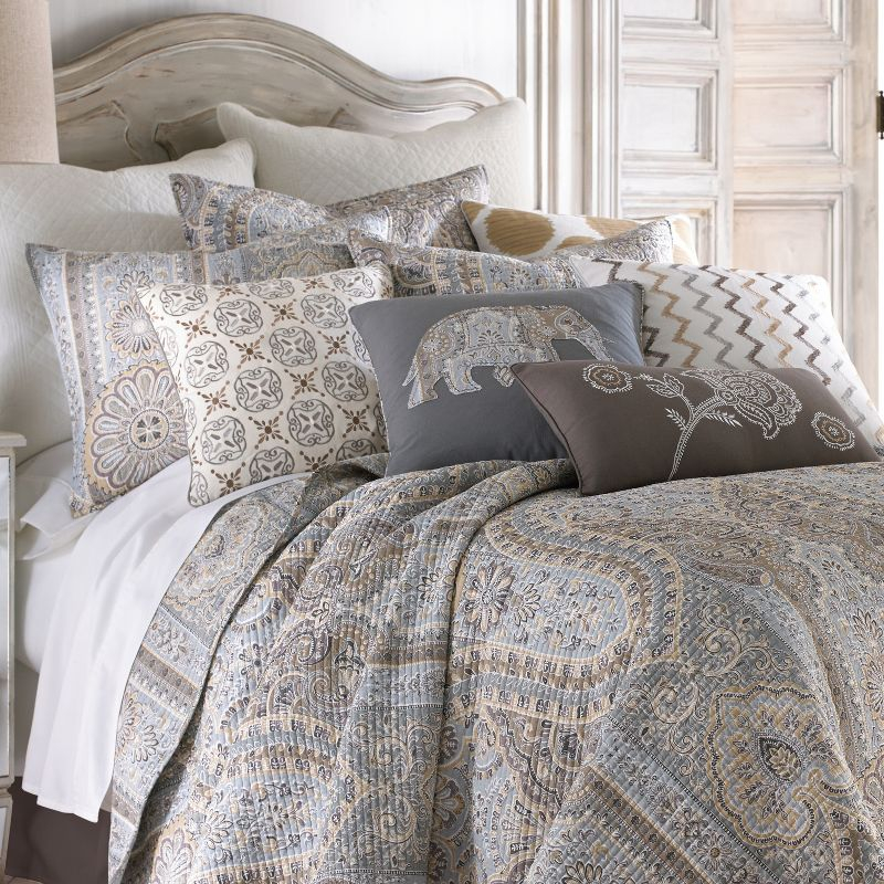 Casablanca Grey Global Quilt Set - Full/Queen Quilt and Two Standard Pillow Shams Grey, Blue, Brown - Levtex Home