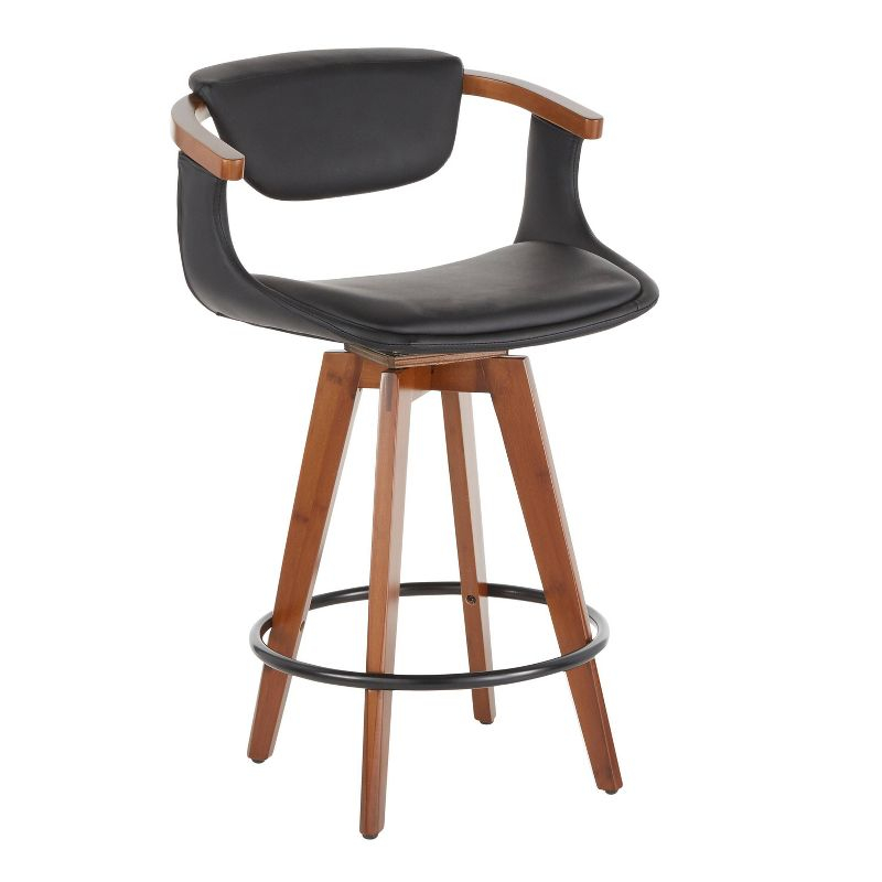 Oracle Mid-Century Modern Counter Height Barstool: Walnut, Faux Leather, Swivel - LumiSource
