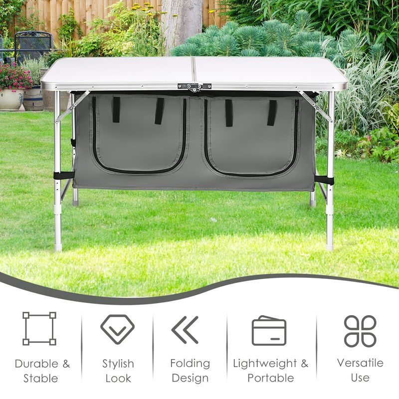 Costway Adjustable Camping Table Aluminum w/ Storage Organizer Grey