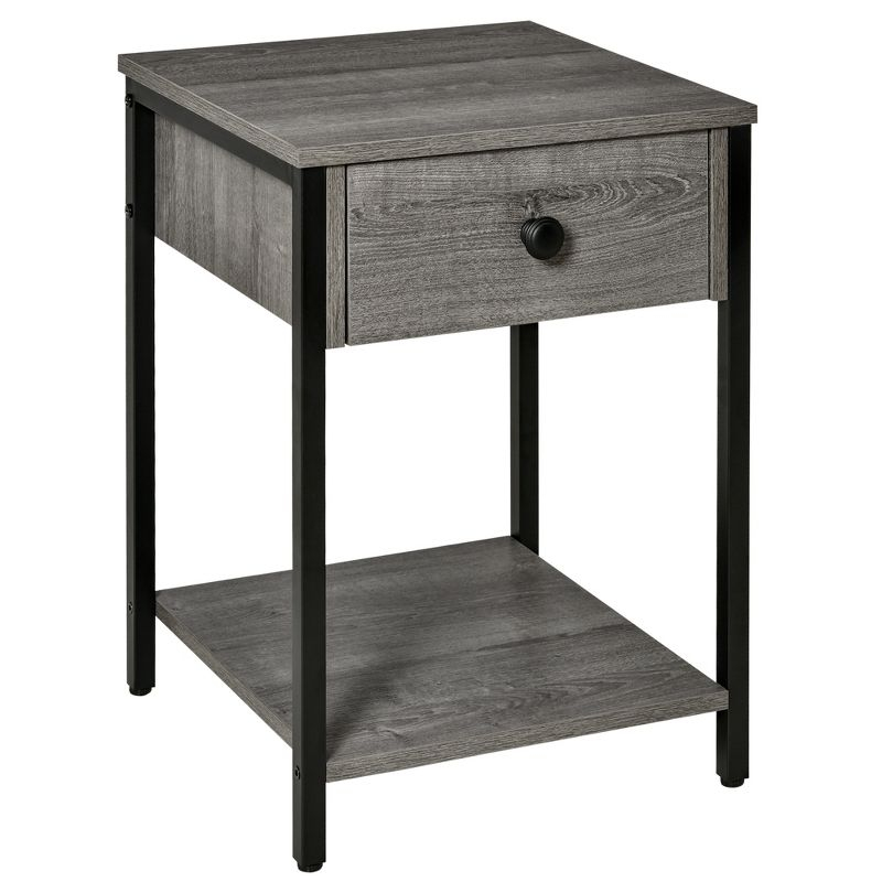 HOMCOM Industrial End Table with Storage Shelf, Accent Side Table with Drawer for Living Room, Gray
