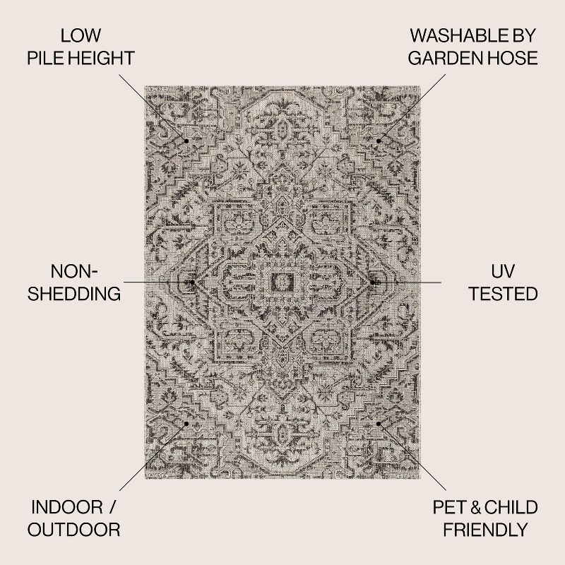 4'x6' Estrella Bohemian Medallion Textured Weave Indoor/Outdoor Area Rug, Black/Gray - JONATHAN Y