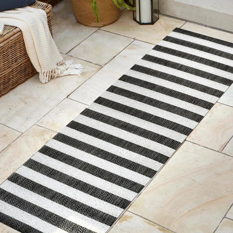 2' x 8' Negril Two-Tone Wide Stripe Indoor/Outdoor Runner Rug, Black/Cream - JONATHAN Y