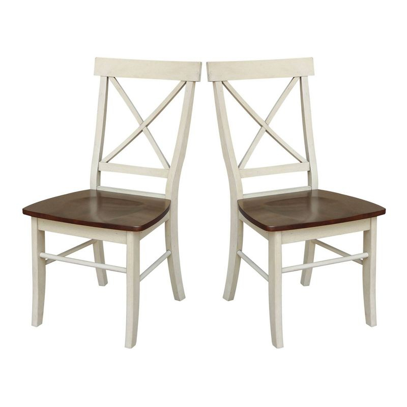 Set of 2 X Back Chairs with Solid Wood Seats Antiqued Almond/Espresso - International Concepts: Hardwood High Back Dining Furniture