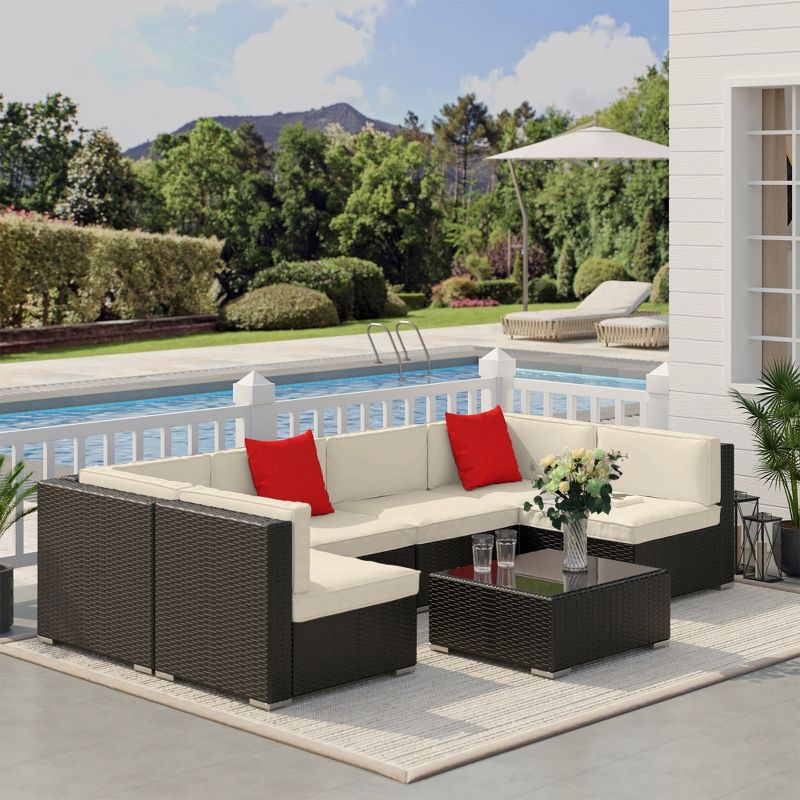 Outsunny 7 Piece Outdoor Patio Furniture Set, PE Rattan Wicker Sectional Sofa Set with Couch Cushions, Pillows, Coffee Table, Beige