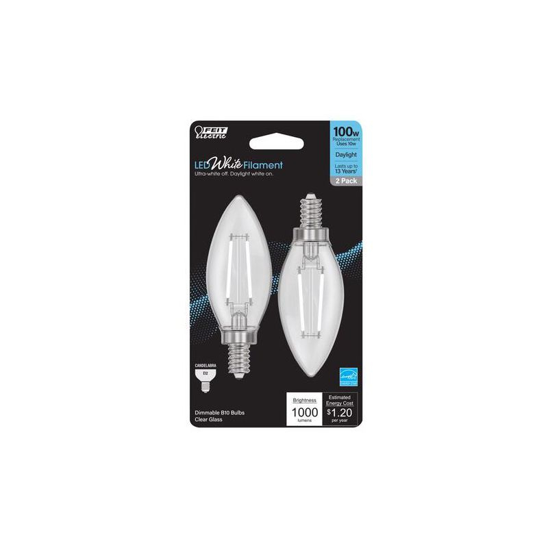 Feit LED Filament B10 E12 (Candelabra) Filament LED Bulb Daylight 100 Watt Equivalence 2 pk