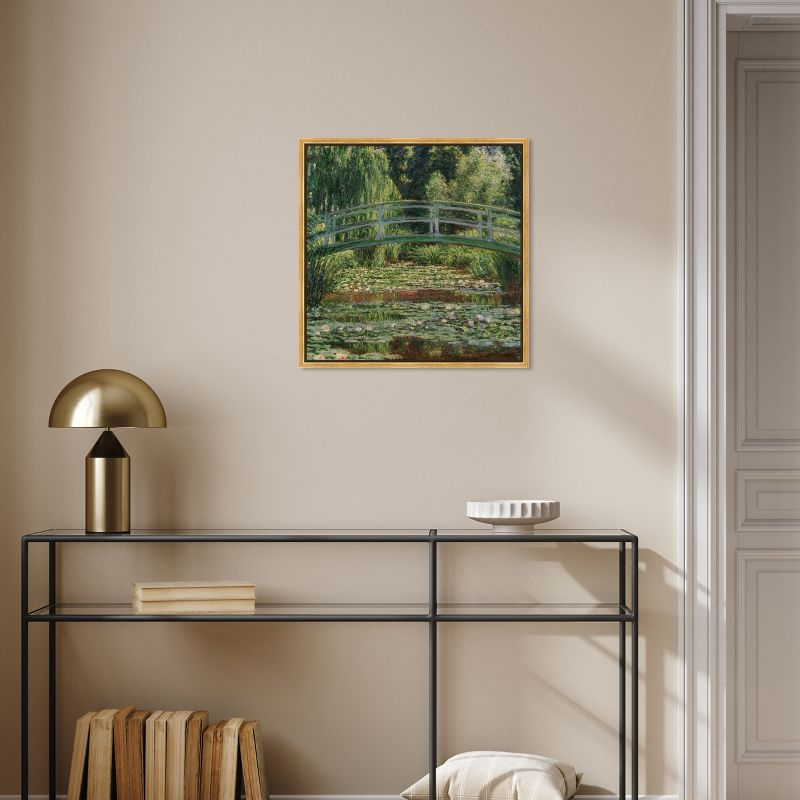 Monet - The Japanese Footbridge and the Water Lily Pool Giverny Canvas Impressionism Wall Art by Art Remedy, Gold Frame, 20" x 20"