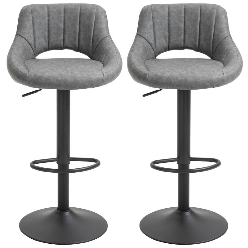 HOMCOM Modern Bar Stools Set of 2 Swivel Bar Height Barstools Chairs with Adjustable Height, Round Heavy Metal Base, and Footrest, Gray