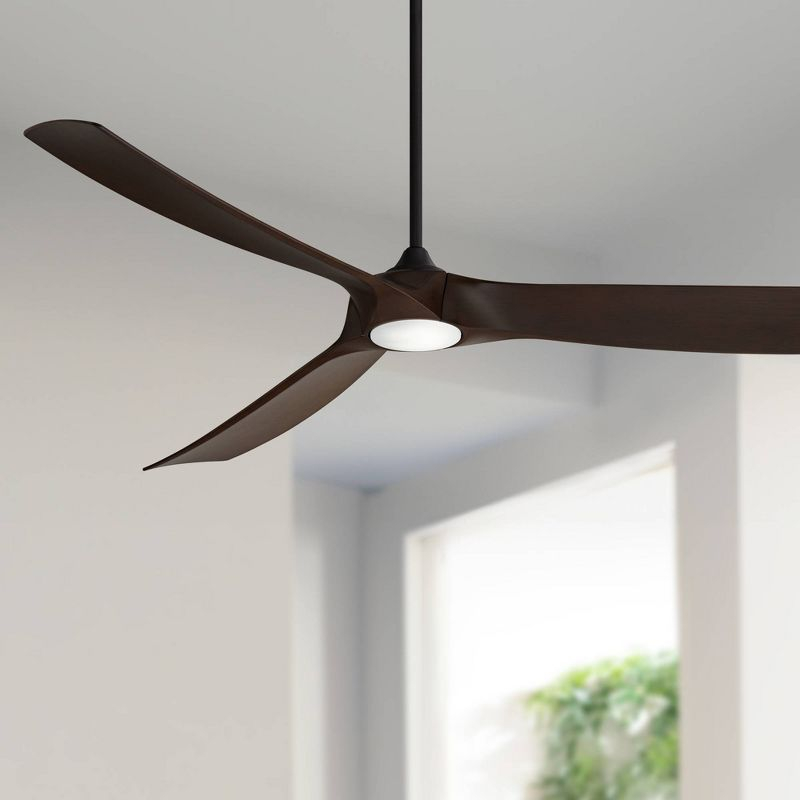 Casa Vieja 70" Kona Wind Modern Indoor Outdoor Ceiling Fan 3 Blade LED Light Remote Control Black Finish Walnut Blades Bedroom DC Motor Damp Rated