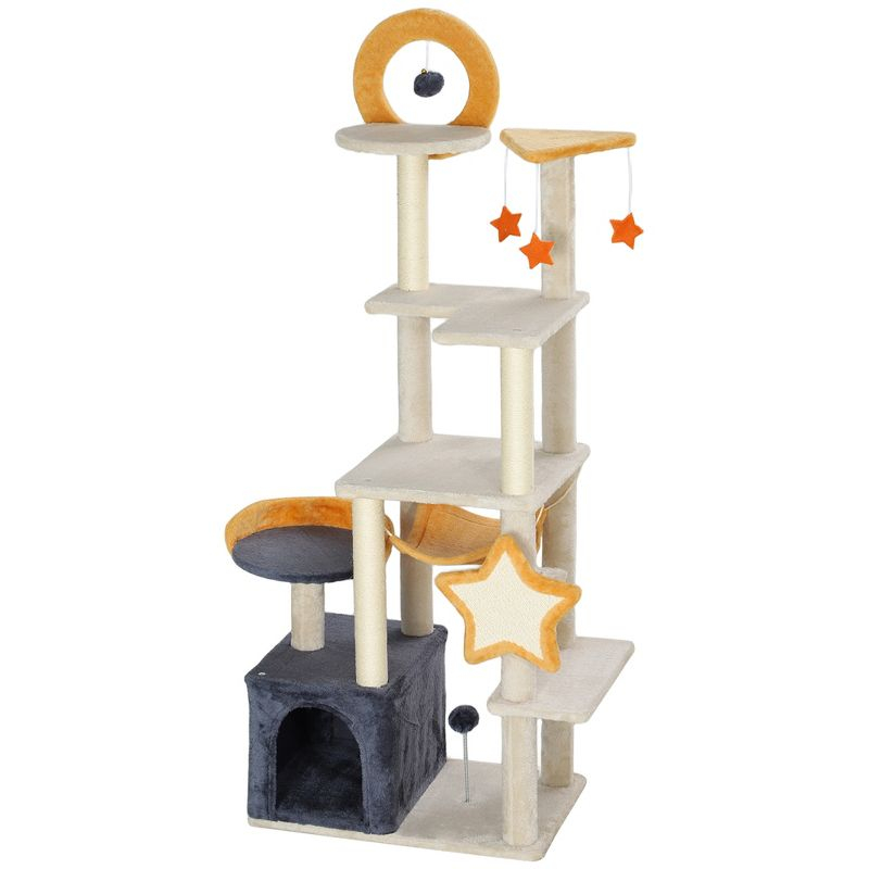 PawHut Cat Tree, 63 Inch Moon and Star Themed Cat Tower with Scratching Post, Hammock, Condo, Bed, Scratching Board & Cat Toys, Beige