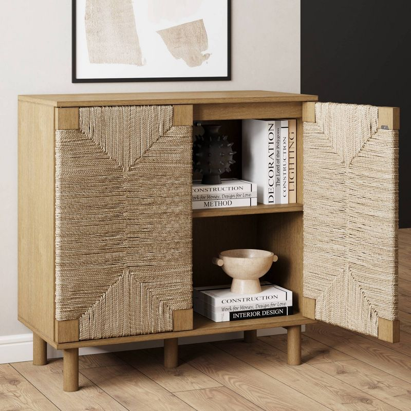 Beacon Wood and Seagrass 2 Door Storage Cabinet Brushed Light Brown/Seagrass - Nathan James: UPC 842196004017, Adjustable Interior Shelf