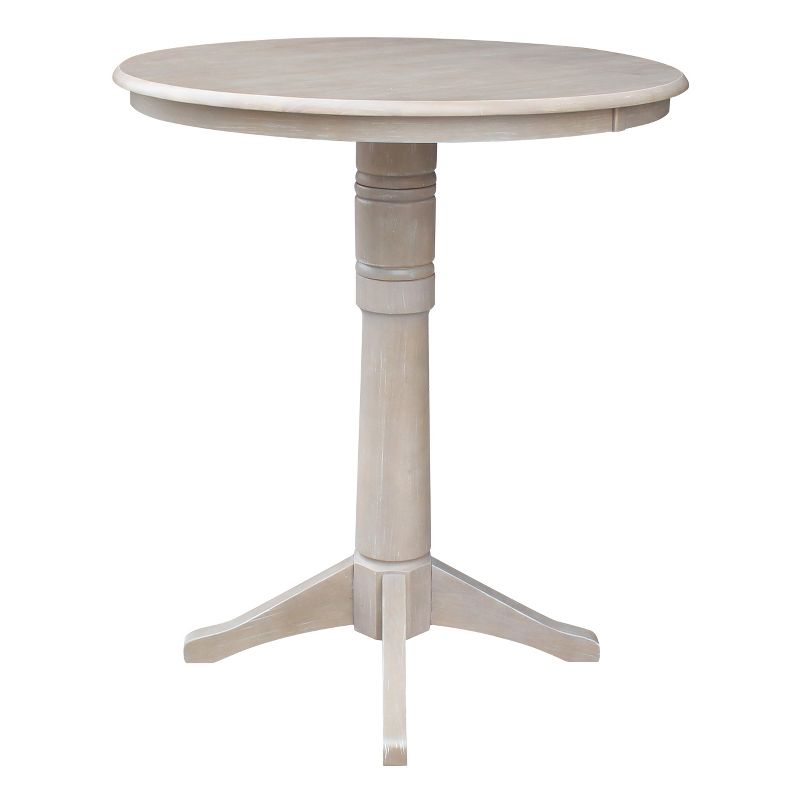 36"x36" Round Top Solid Wood Pedestal Bar Height Table Washed Gray Taupe - International Concepts