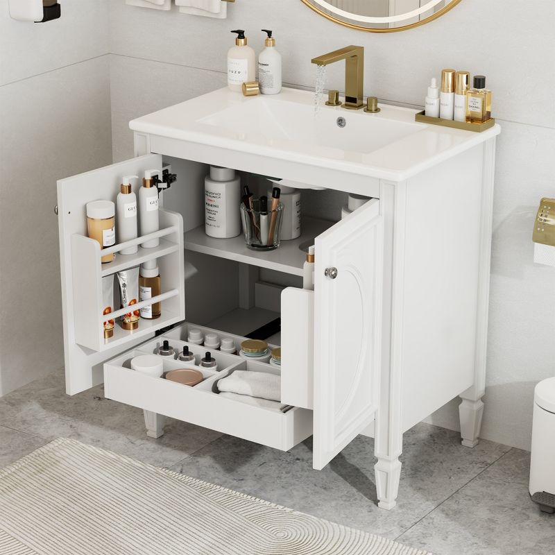 Christopher Knight Home Alison 30" Modern Rubberwood Bathroom Vanity with Ceramic Sink, Shelves and Drawer, White