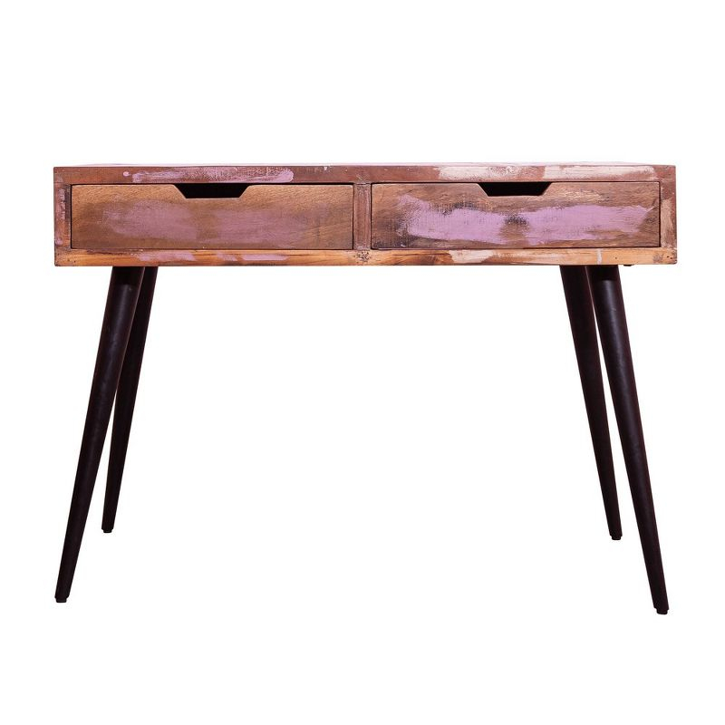 43" 2 Drawer Reclaimed Wood Console Table with Angled Legs and Pastel Accent Brown/Black - The Urban Port: Handcrafted, Cut Out Handles