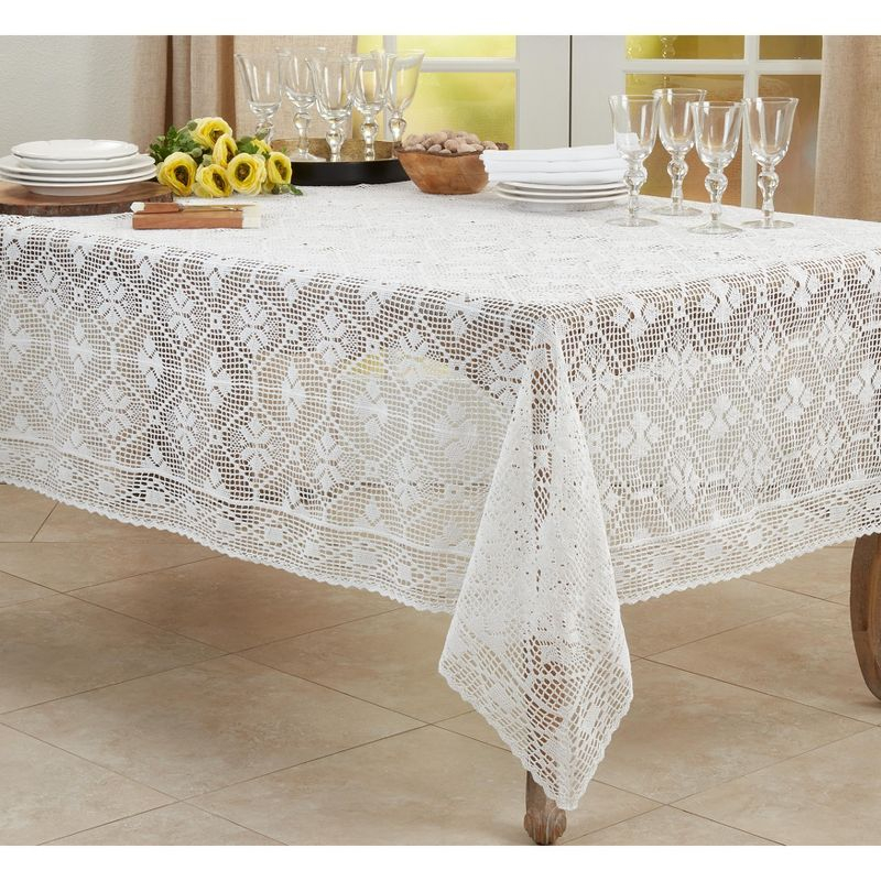Saro Lifestyle Vintage Tablecloth With Crochet Design, White, 65" x 140"
