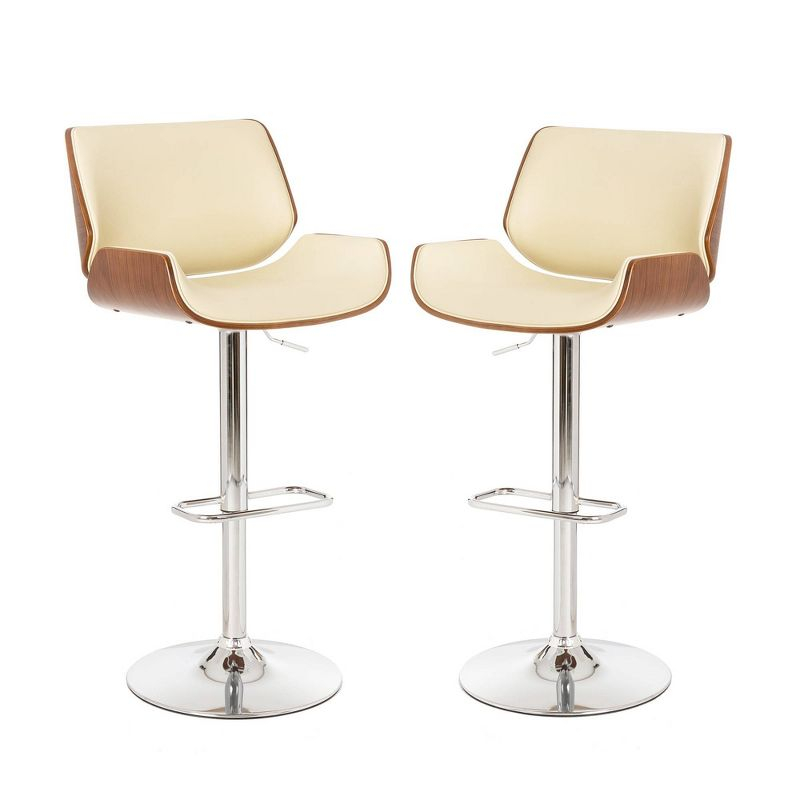 Glitzhome Set of 2 Leatherette Adjustable Height Swivel Bar Stools Chrome Plated Base Beige : Upholstered, Steel Legs, Rectangle Shape