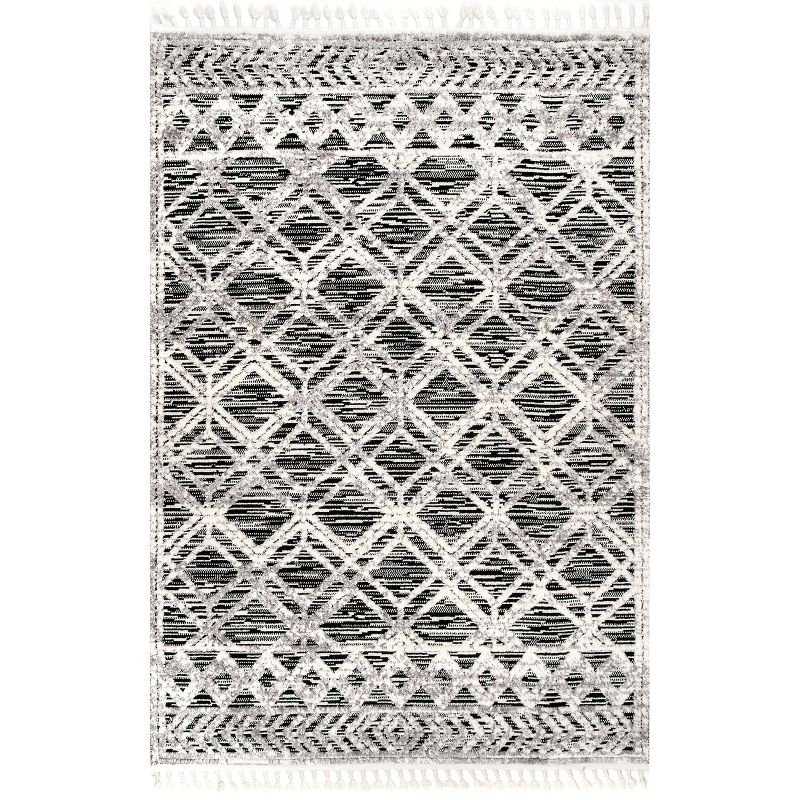Nuloom 4x6 Ansley Moroccan Tassel Indoor Area Rug, Grey, High-Low Textured Bohemian Design, Plush High Pile, Stain Resistant, Bedroom, Living Room
