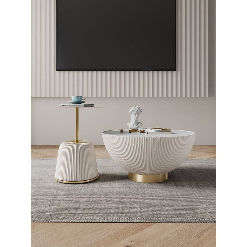 Manhattan Comfort 2pc Anderson Leatherette Upholstered Coffee Table and End Table with Metal Top Set Cream: Gold Finish, No Assembly Required