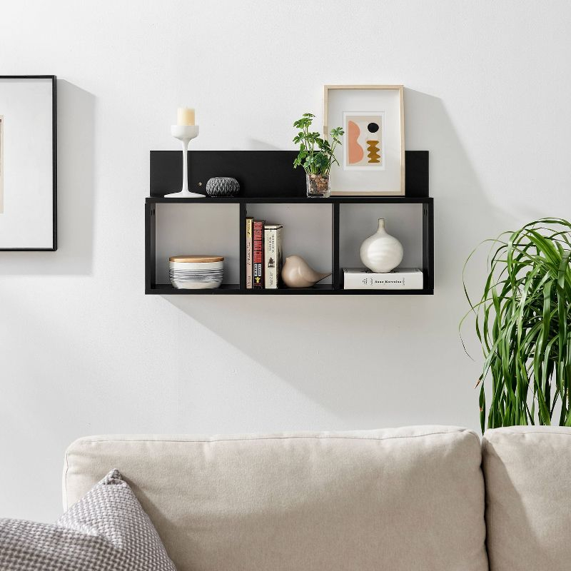 Danya B. 31.5" x 15.7" Modern 3 Cube Floating Wall Shelf with Display Ledge Black: Mid-Century Style, MDF & Iron