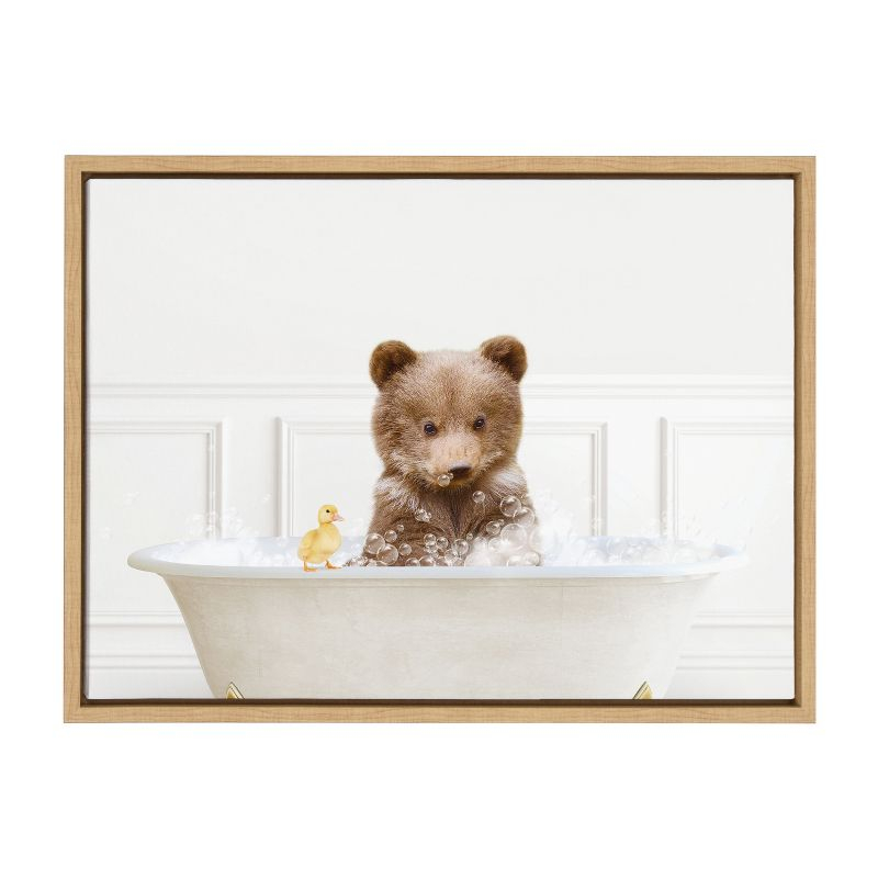 Kate and Laurel Sylvie Bear Cub In Bubble Bath Neutral Style Framed Canvas by Amy Peterson Art Studio, 18x24, Natural