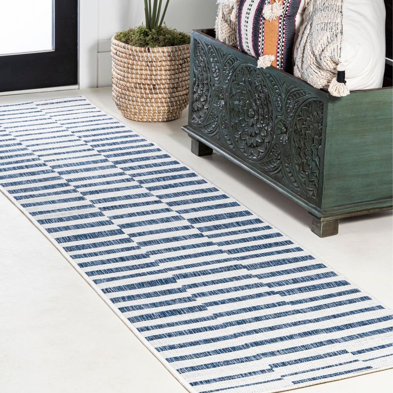 2'x8' Sukie Modern Offset Stripe Indoor/Outdoor Runner Rug, Ivory/Blue - JONATHAN Y