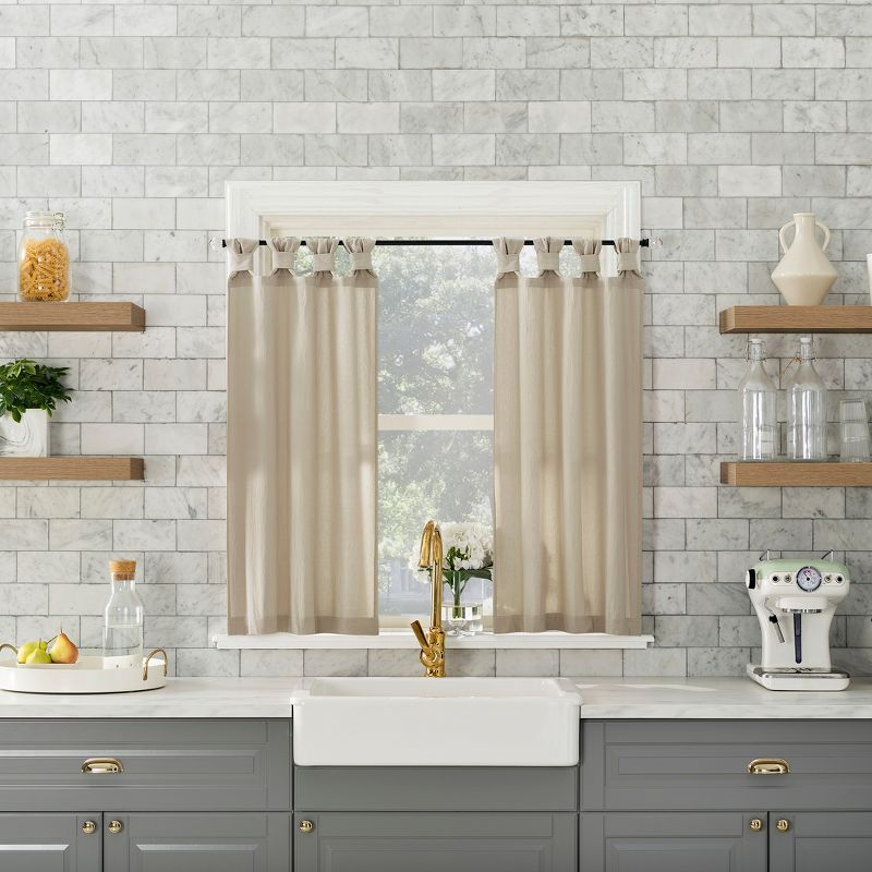 2pc 52"x45" Archaeo Washed Cotton Twist Tab Cafe Curtain Tier Pair Oatmeal: Kitchen Curtains, 45 Inch Long, Solid Beige